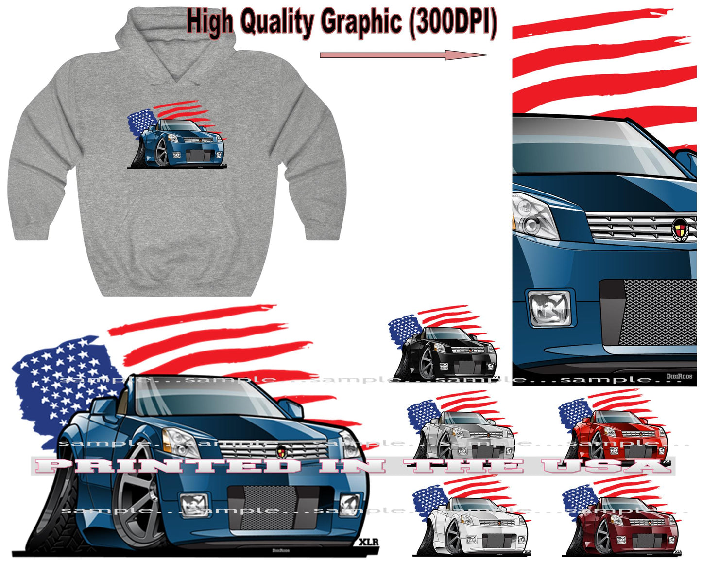 (CAD) XLR Convertible Luxury Model American Flag DigiRods Cartoon Car Series Hoodie Sweatshirt