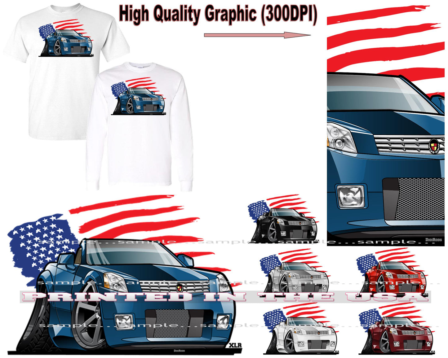 (CAD) XLR Convertible Luxury Model American Flag DigiRods Cartoon Car Series Short/Long Sleeve T Shirt