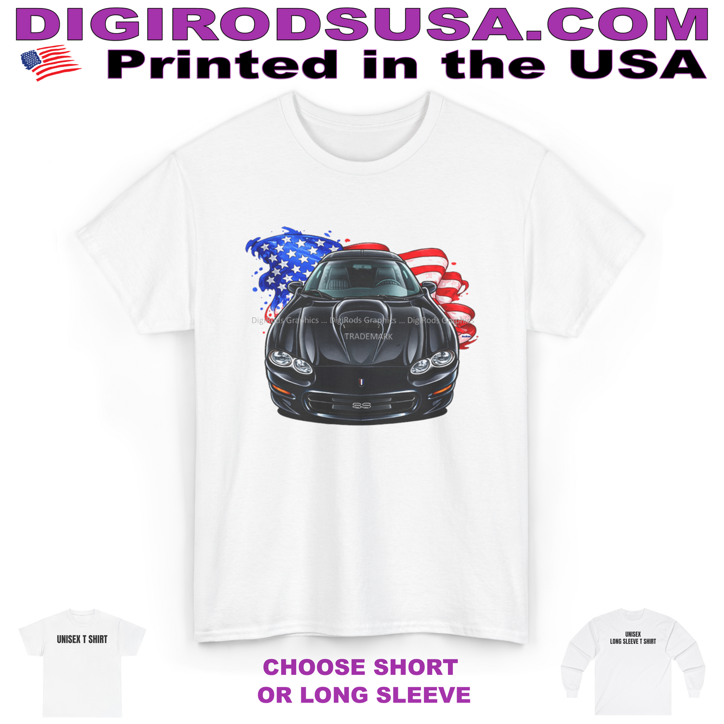 (CHE) Chevy Camaro SS Fourth Generation All American Flag DigiRods Cartoon Car T Shirt