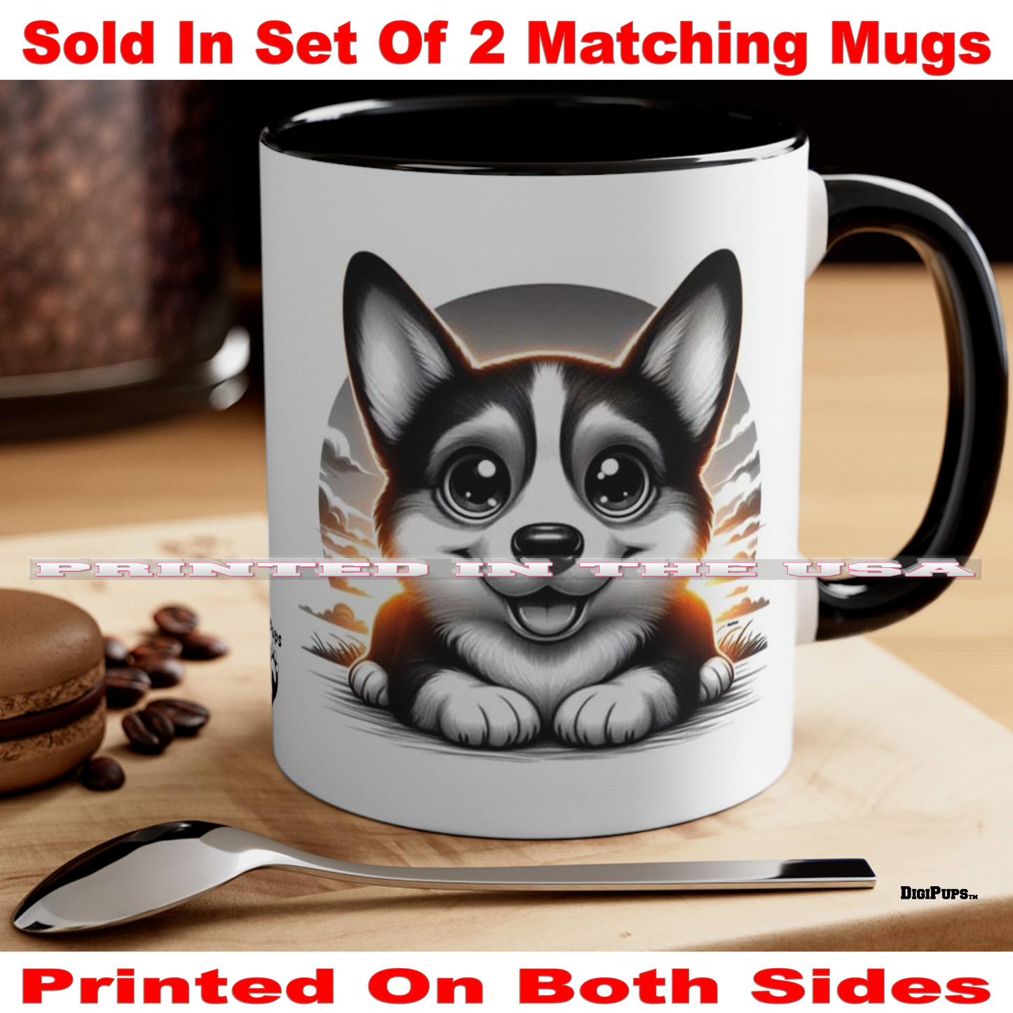Corgi *DigiPups Dog Breed Black And White Portrait Sun Cartoon Graphic Art Coffee Cup Mug Set Of 2 (Copy)