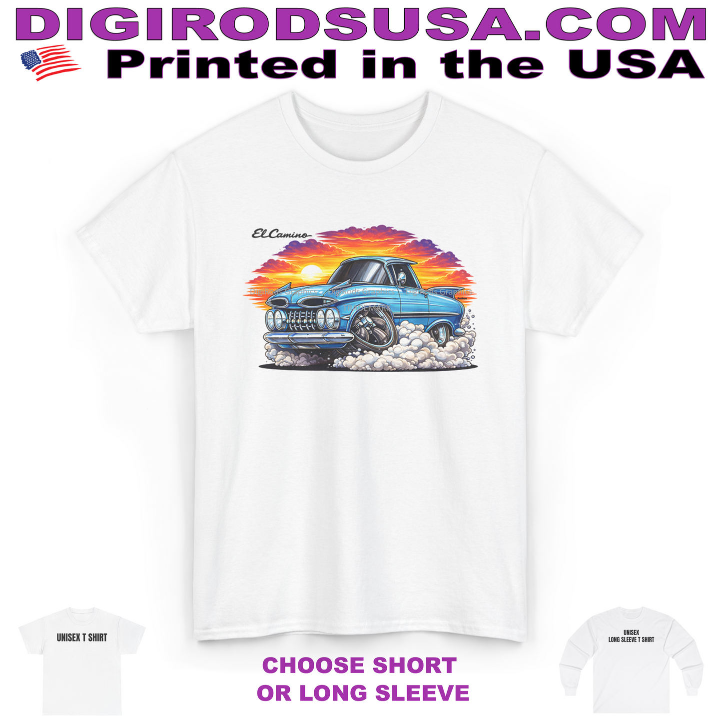 (CHE) Chevy El Camino 1959 Model Sunset Race DigiRods Cartoon Car T Shirt