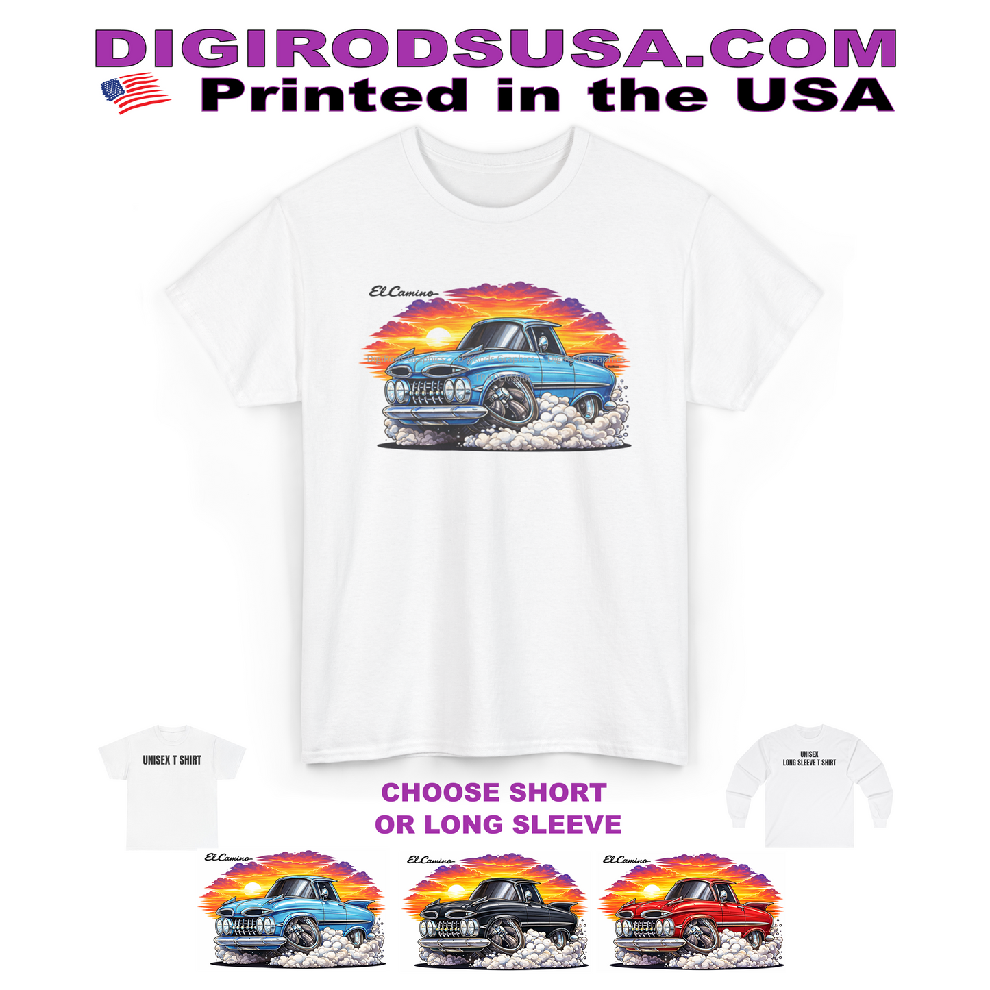(CHE) Chevy El Camino 1959 Model Sunset Race DigiRods Cartoon Car T Shirt