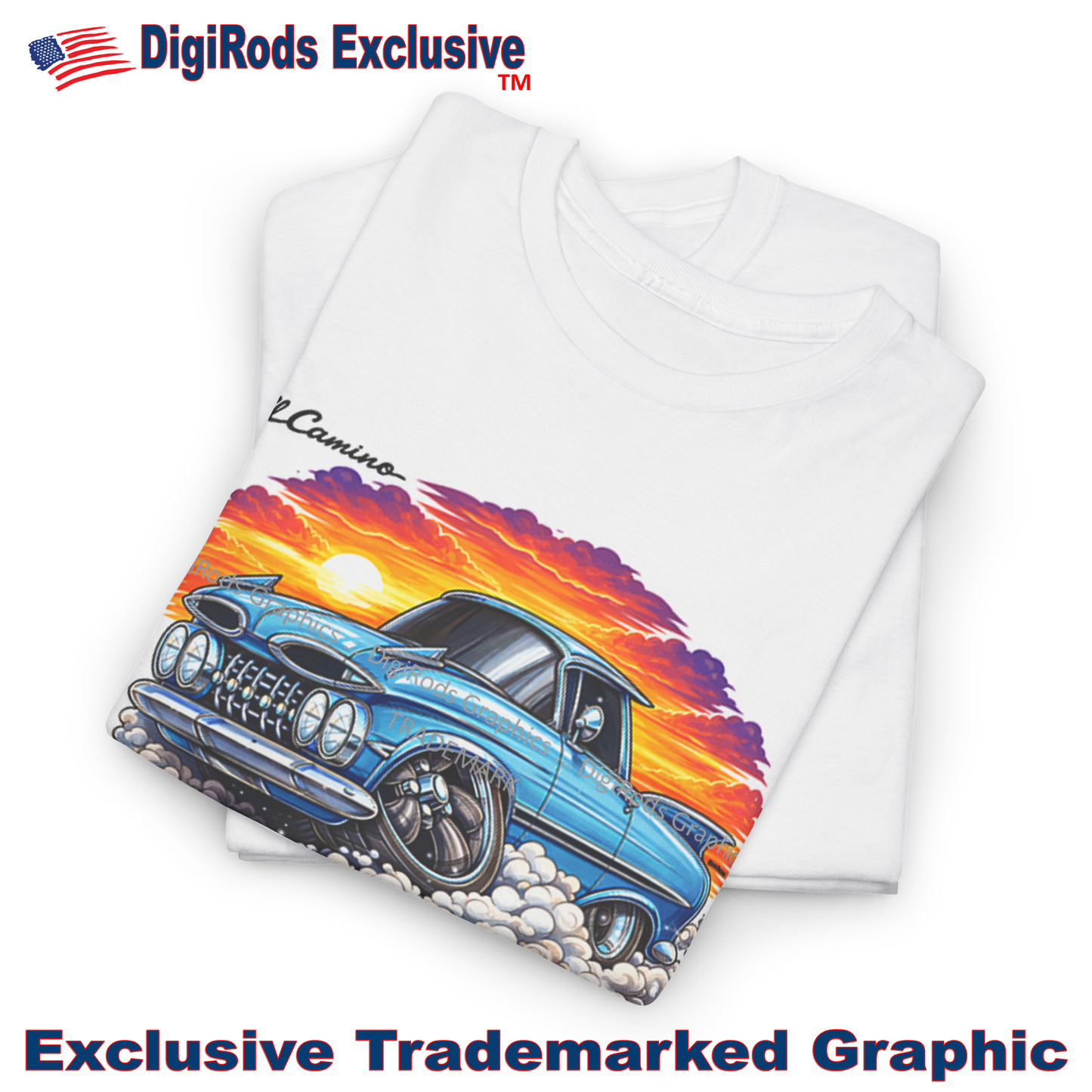 (CHE) Chevy El Camino 1959 Model Sunset Race DigiRods Cartoon Car T Shirt