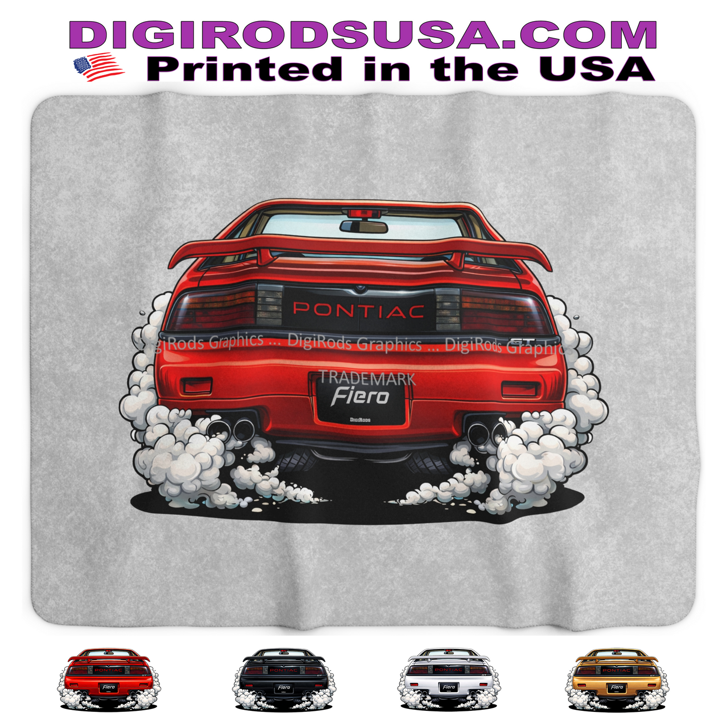 (PON) Pontiac Fiero GT Rear View Burnout DigiRods Cartoon Car Sherpa Fleece Blanket