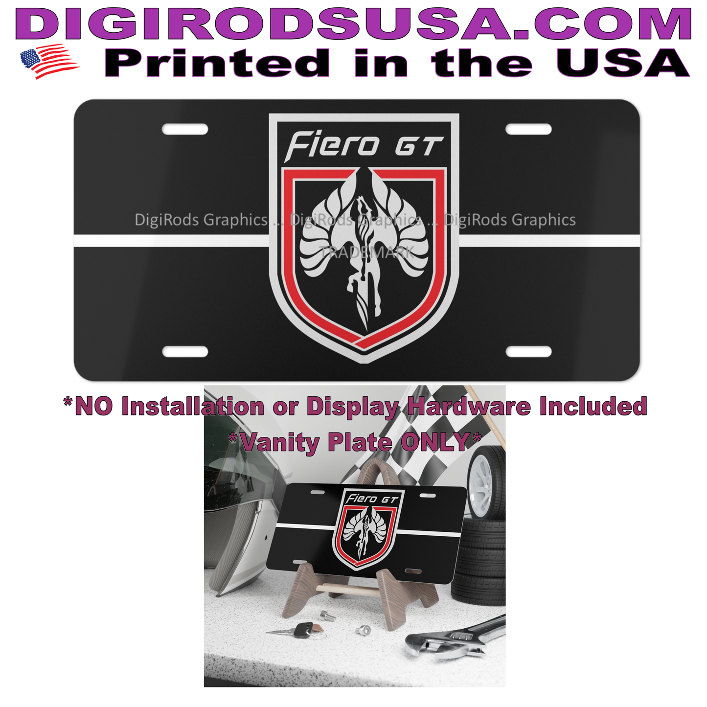 (PON) Pontiac Fiero GT Classic Shield DigiRods Cartoon Car Logo Black Vanity License Plate