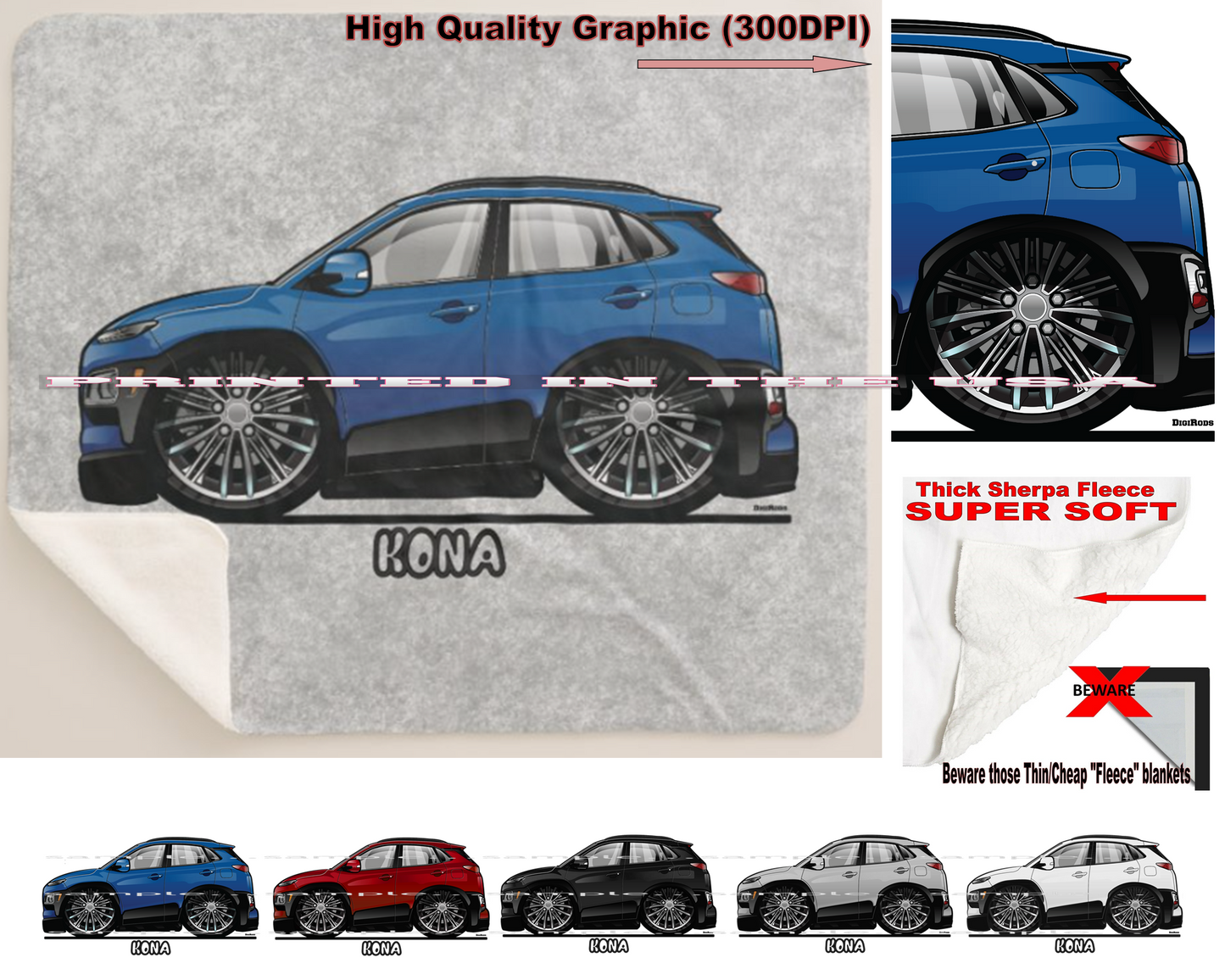 (HYU) Kona New SUV Compact Model DigiRods Cartoon Car Series Sherpa Fleece Throw Blanket