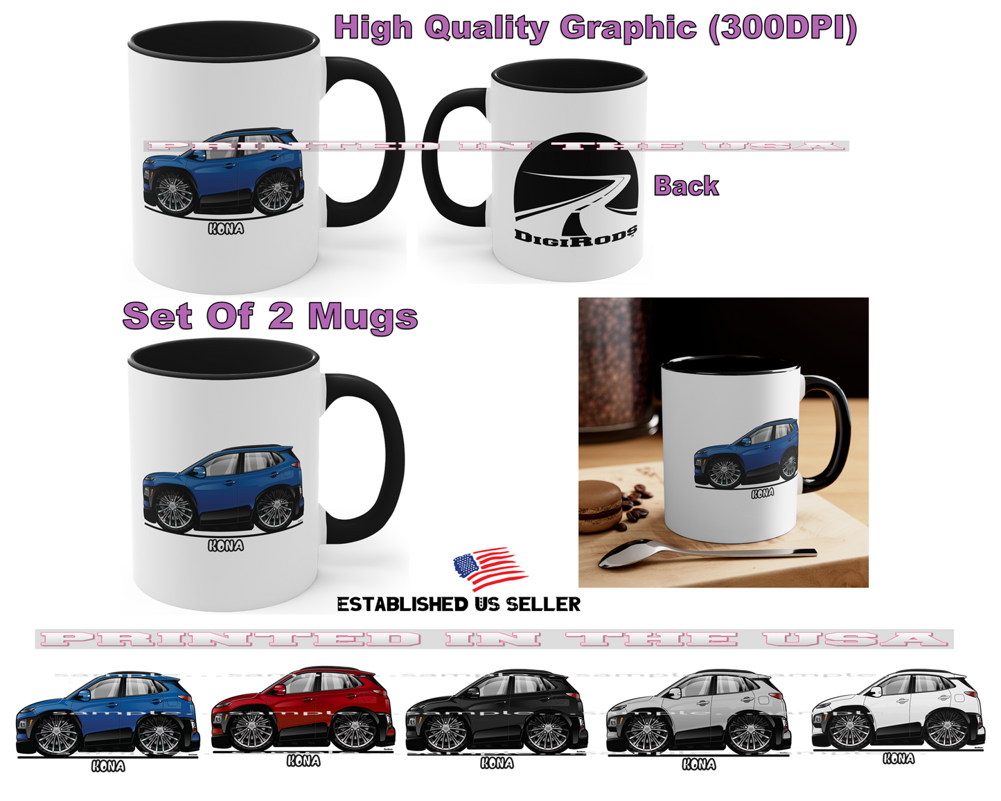 (HYU) Kona New SUV Compact Model DigiRods Cartoon Car Series Set Of 2 Coffee Mugs
