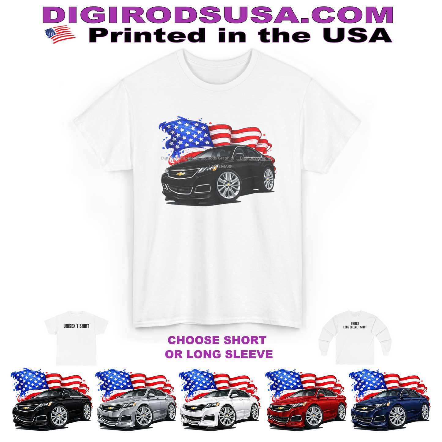 (CHE) Chevy Impala Late Model American Flag DigiRods Cartoon Car T Shirt