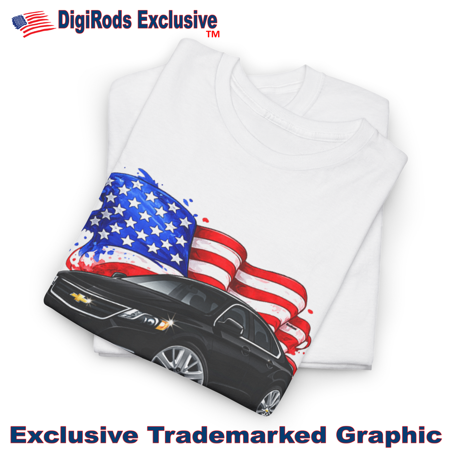 (CHE) Chevy Impala Late Model American Flag DigiRods Cartoon Car T Shirt