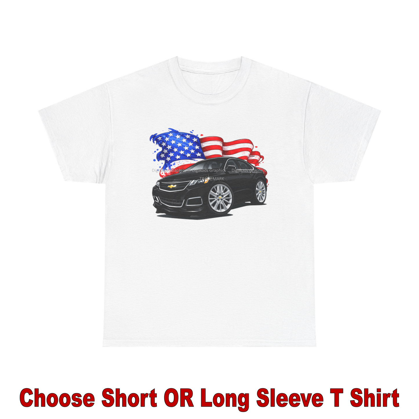 (CHE) Chevy Impala Late Model American Flag DigiRods Cartoon Car T Shirt
