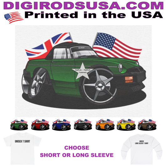 (MG) MGB Convertible British / American Flags DigiRods Cartoon Car Graphics T Shirt