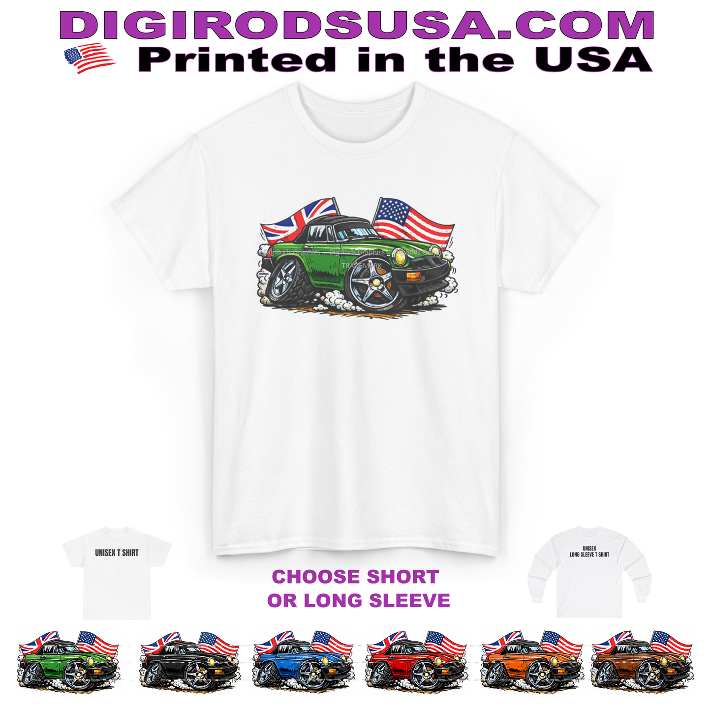 (MG) MGB Convertible British / American Flags DigiRods Cartoon Car Graphics T Shirt