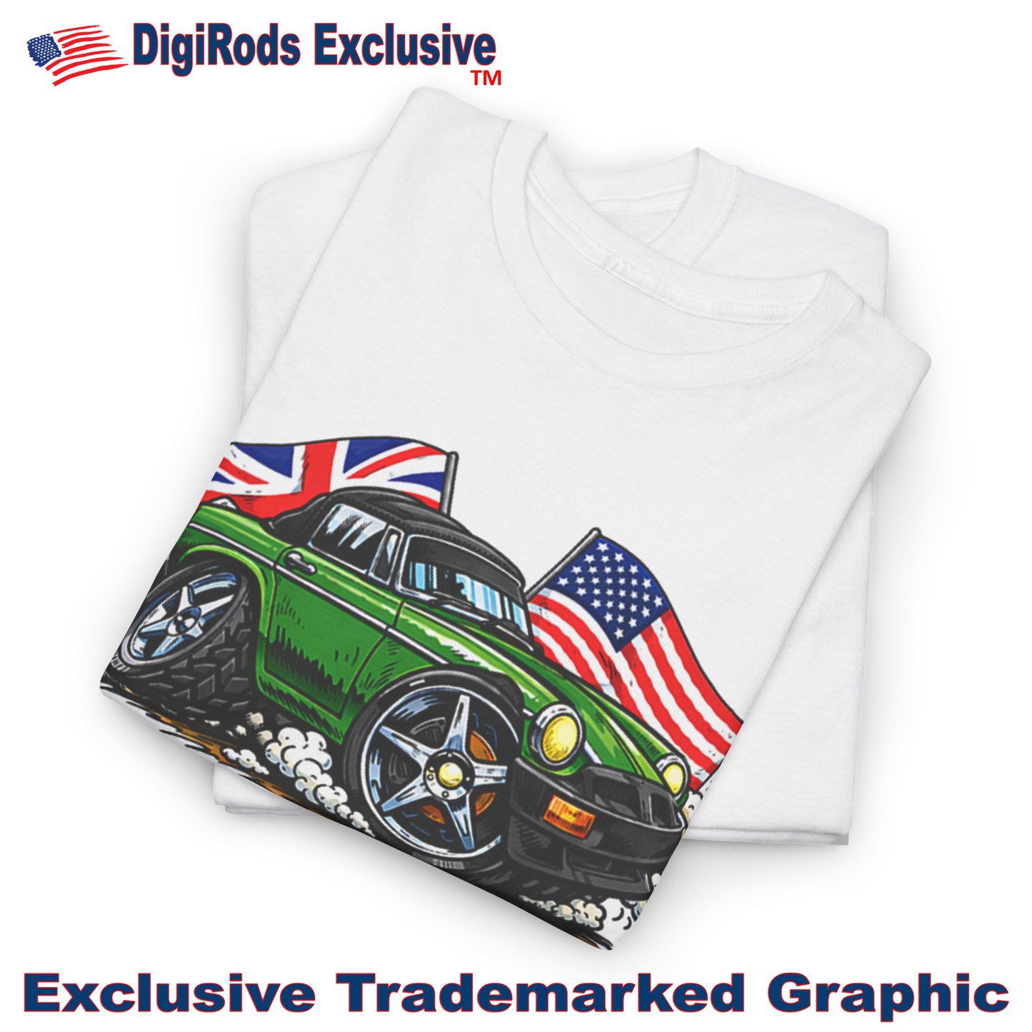 (MG) MGB Convertible British / American Flags DigiRods Cartoon Car Graphics T Shirt