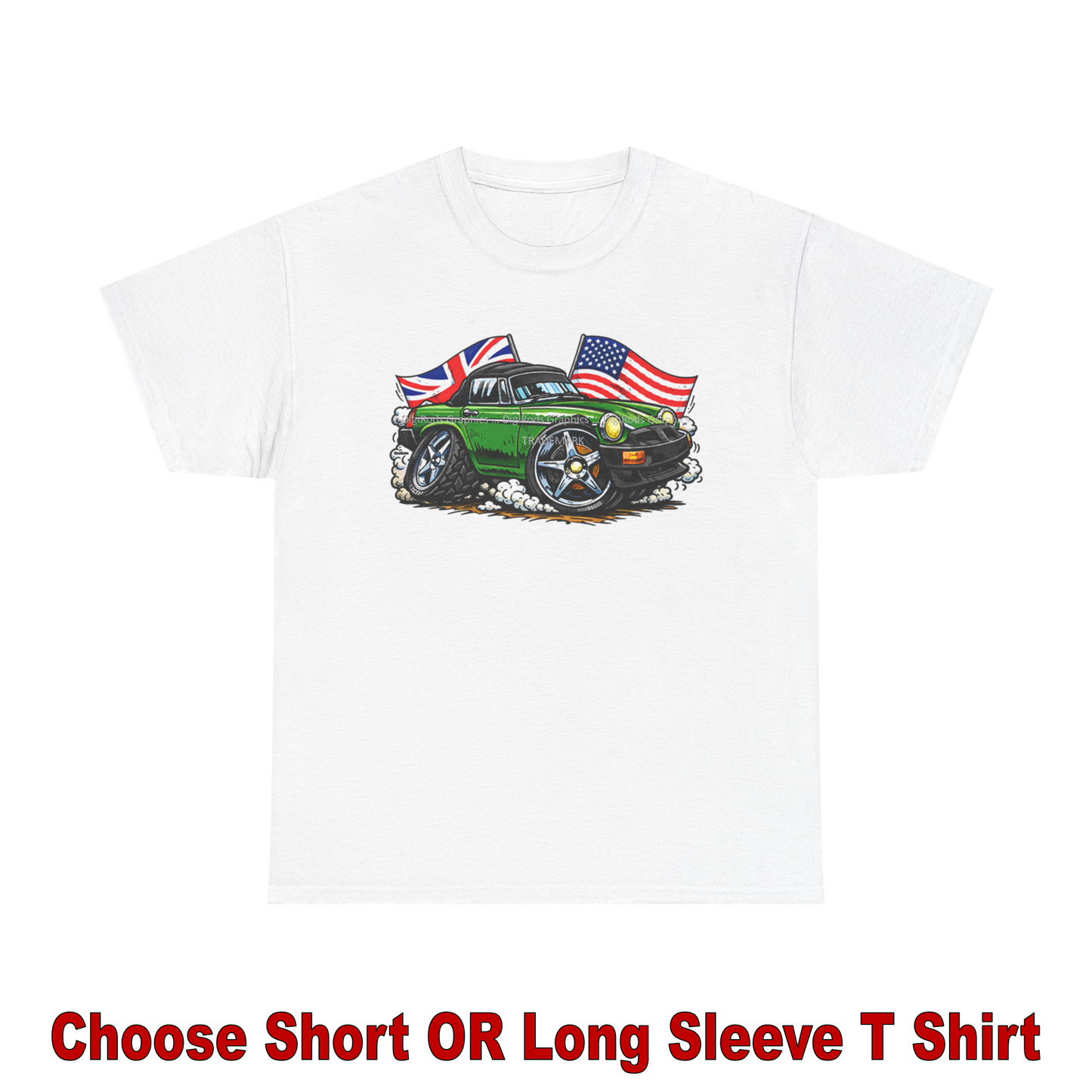 (MG) MGB Convertible British / American Flags DigiRods Cartoon Car Graphics T Shirt