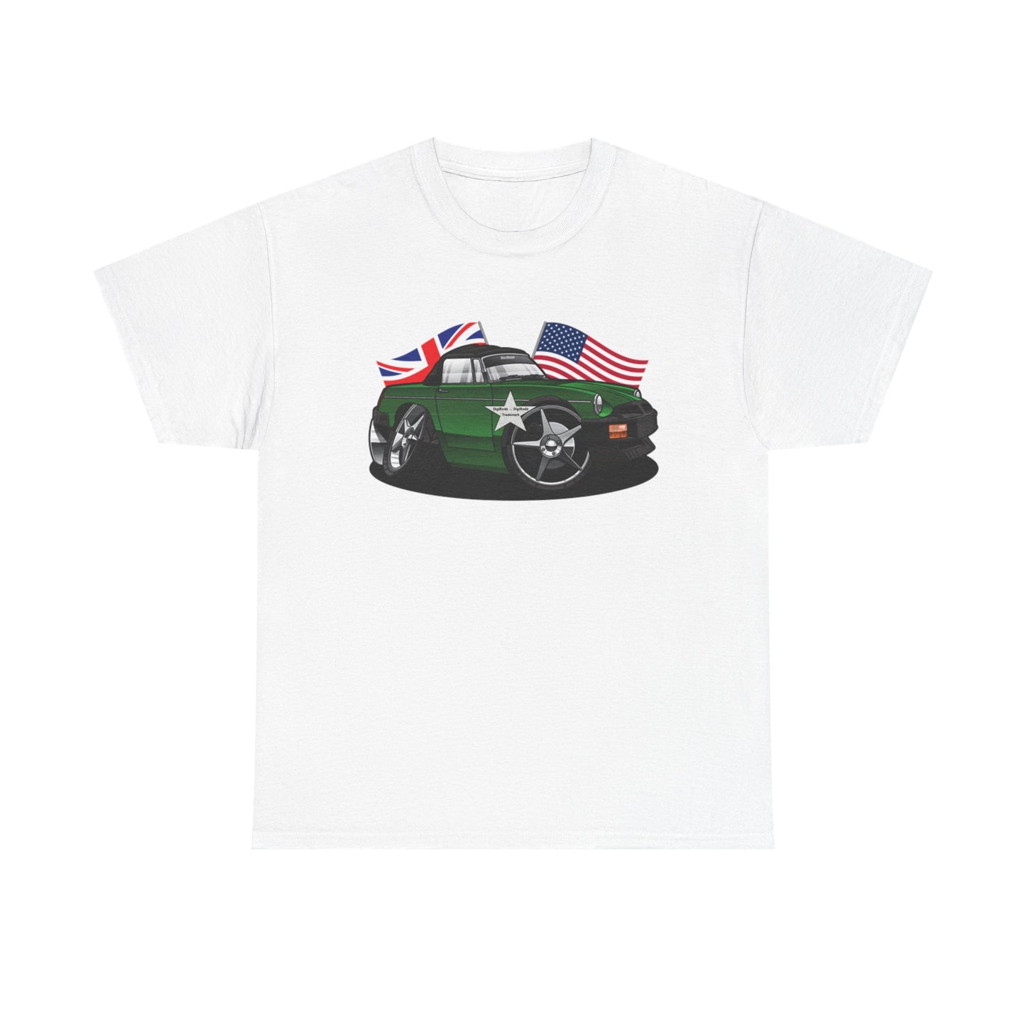 (MG) MGB Convertible British / American Flags DigiRods Cartoon Car Graphics T Shirt