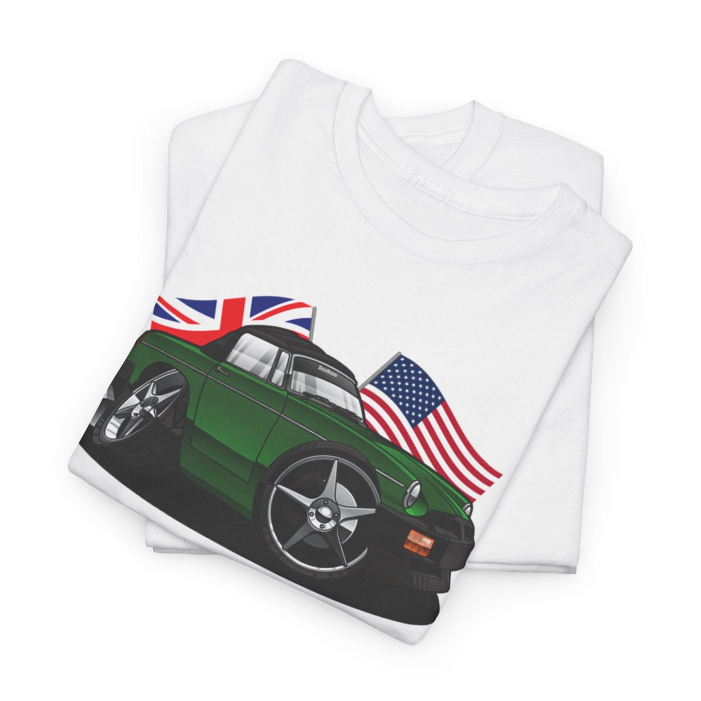 (MG) MGB Convertible British / American Flags DigiRods Cartoon Car Graphics T Shirt