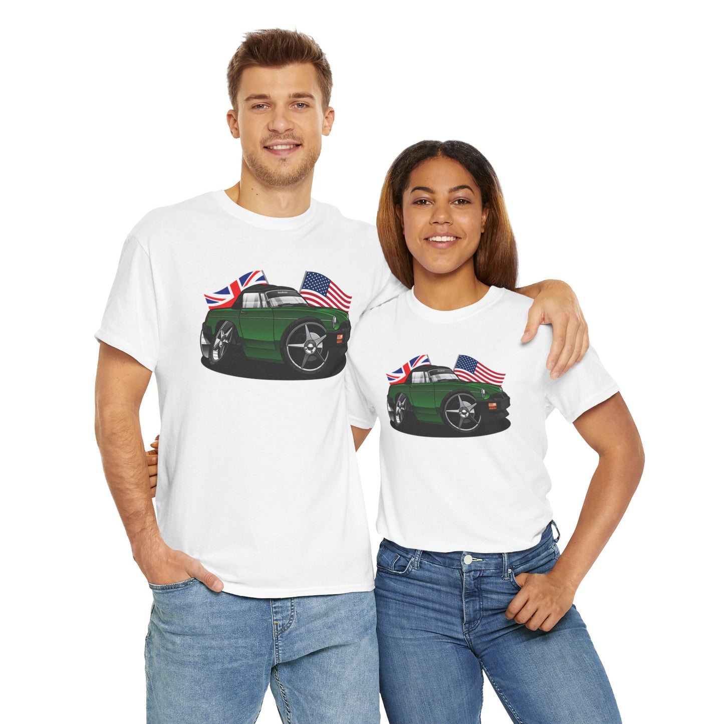 (MG) MGB Convertible British / American Flags DigiRods Cartoon Car Graphics T Shirt