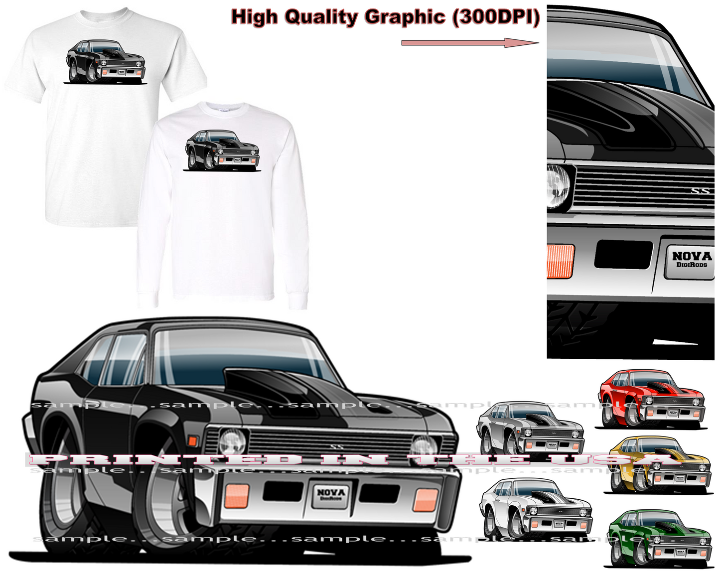 (CHE) Chevy Nova 1970s Classic Vintage Muscle DigiRods Cartoon Car Short/Long Sleeve T Shirt