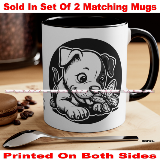 Pitbull *DigiPups Dog Breed Puppy Chasing Butterfly Black & White Cartoon Graphic Art Coffee Cup Mug Set Of 2