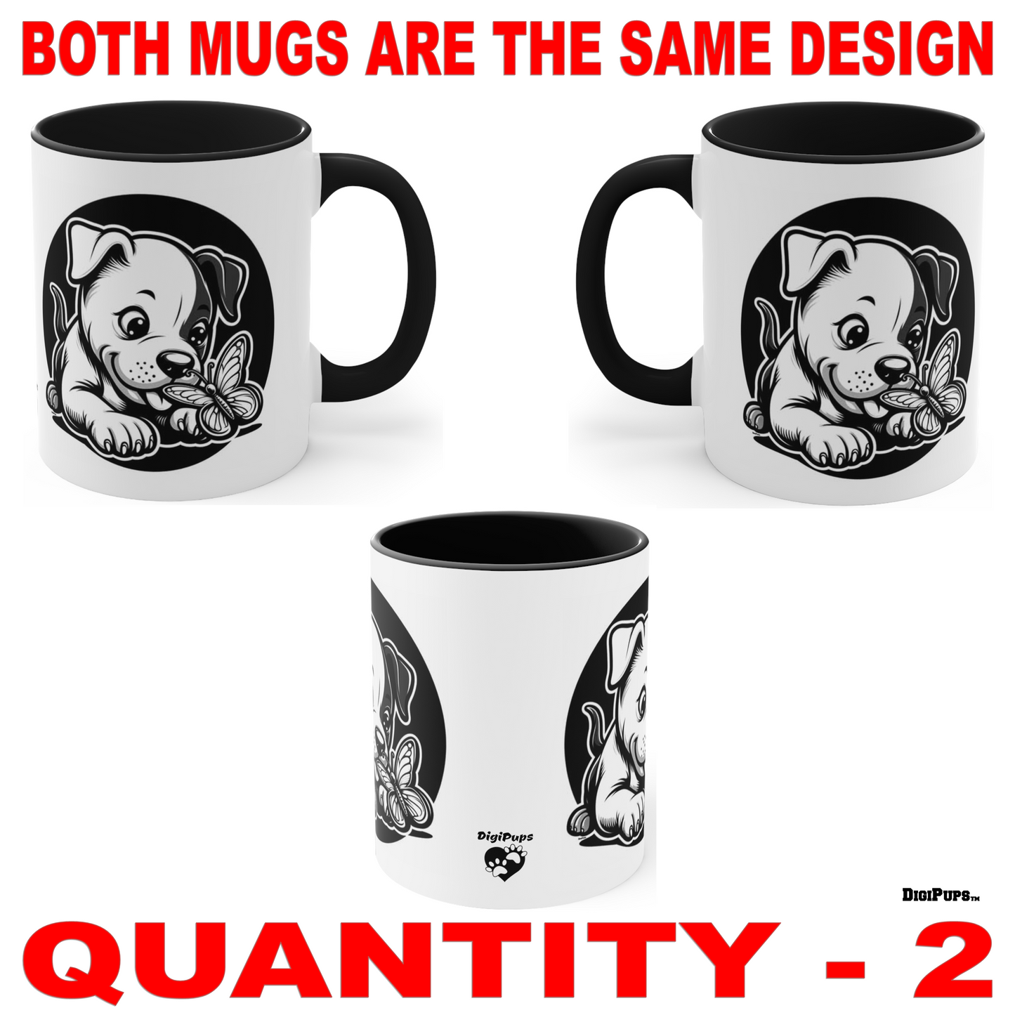 Pitbull *DigiPups Dog Breed Puppy Chasing Butterfly Black & White Cartoon Graphic Art Coffee Cup Mug Set Of 2