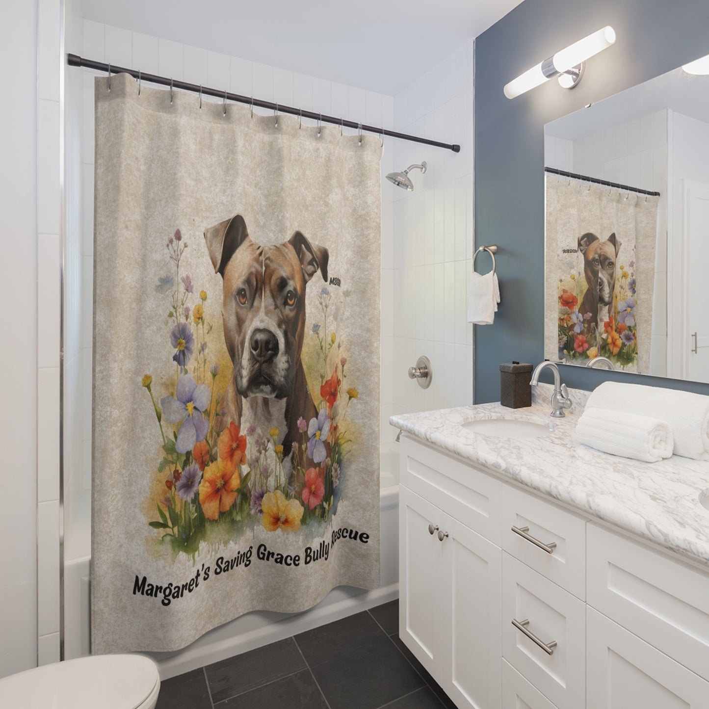 MSGBR Bully Rescue Pitbull Dog Breed Floral Pet Portrait Bathroom Shower Curtain