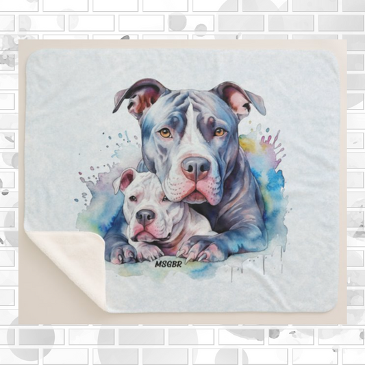 MSGBR Bully Rescue Pitbull Mom And Puppy Dog Blue Watercolor Splash Sherpa Fleece Throw Blanket