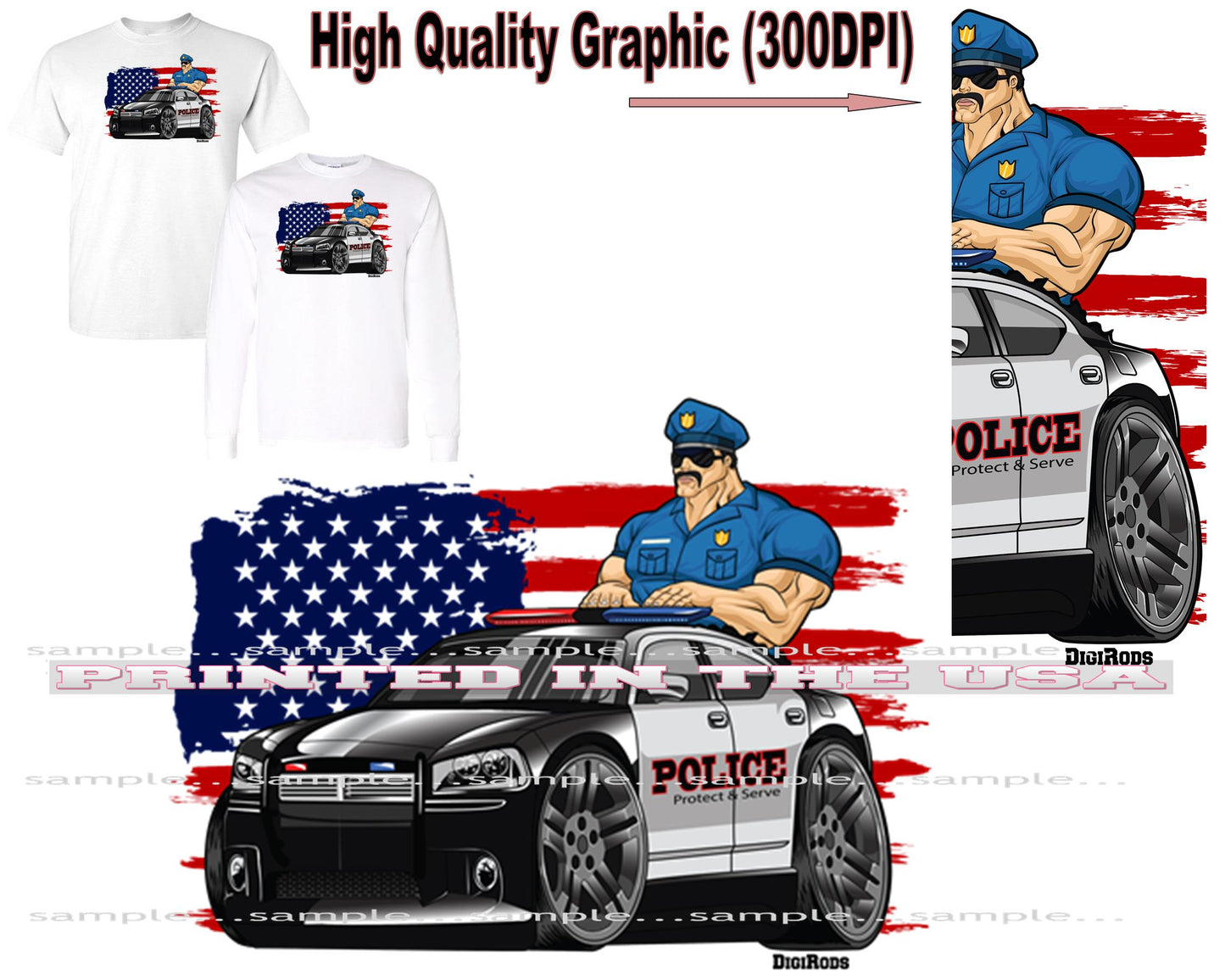 (*DigiToon) Police Officer Charger American Hot Rod Flag Background DigiRods Cartoon Car Series Short/Long Sleeve T Shirt