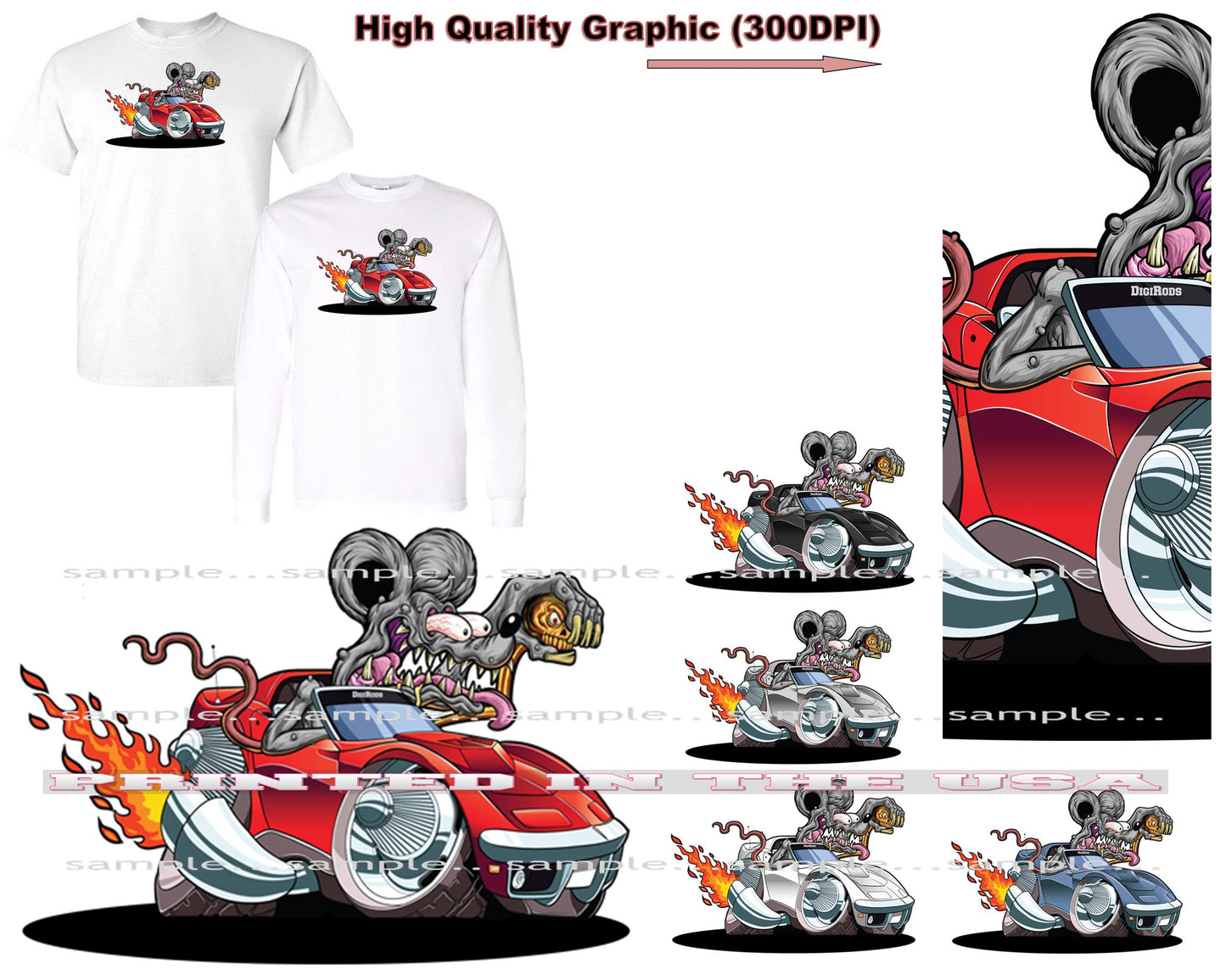 (*DigiToon) Rat Rod Racer Corvette C3 Flaming DigiRods Cartoon Car Series Short/Long Sleeve T Shirt