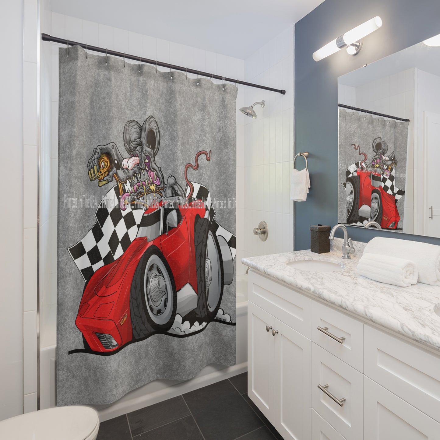 (*DigiToon) Rat Rod Racer Corvette C3 Racing Flags DigiRods Cartoon Car Series Bathroom Shower Curtain