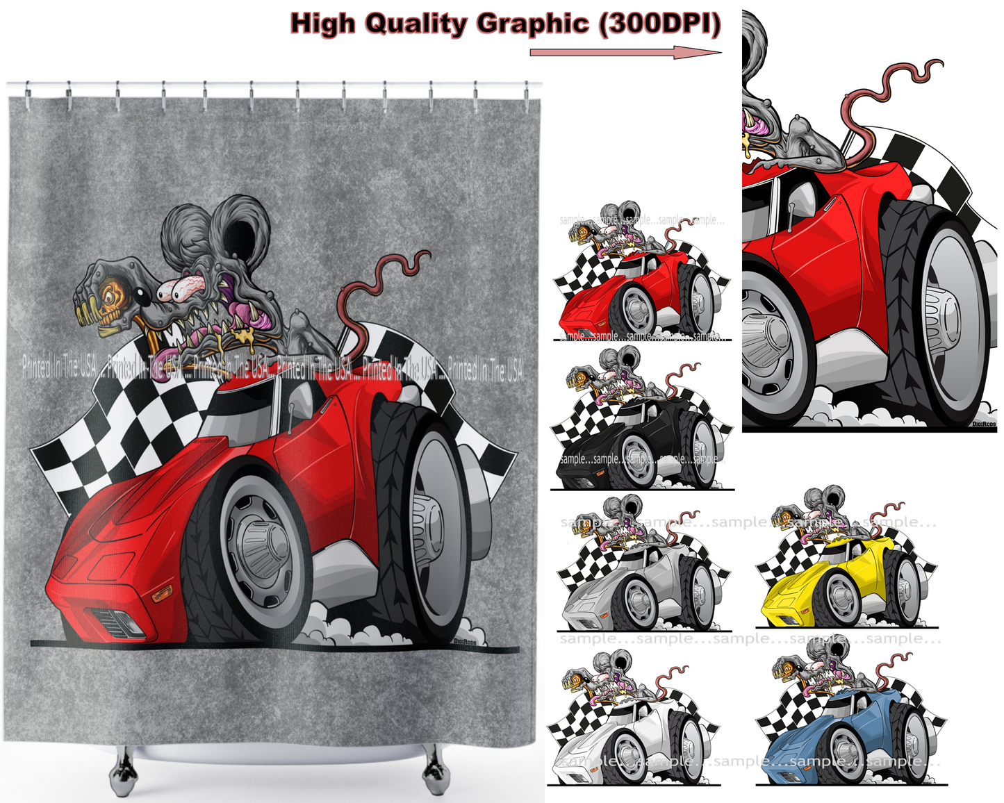 (*DigiToon) Rat Rod Racer Corvette C3 Racing Flags DigiRods Cartoon Car Series Bathroom Shower Curtain