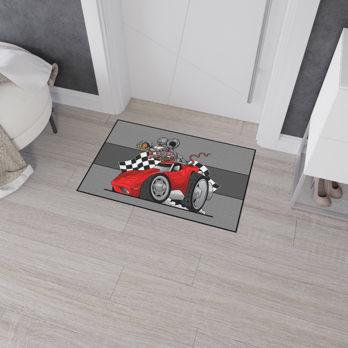 (*DigiToon) Rat Rod Racer Corvette C3 Racing Flags DigiRods Cartoon Car Series Doormat Door Mat Rug