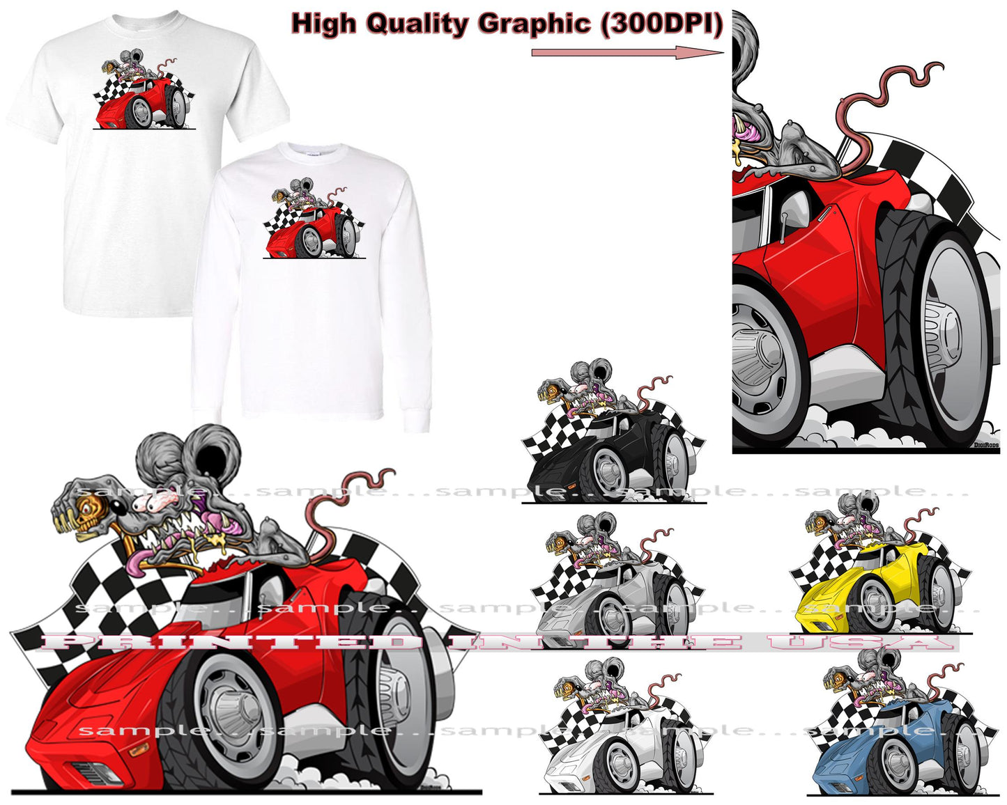 (*DigiToon) Rat Rod Racer Corvette C3 Racing Flags DigiRods Cartoon Car Series Short/Long Sleeve T Shirt