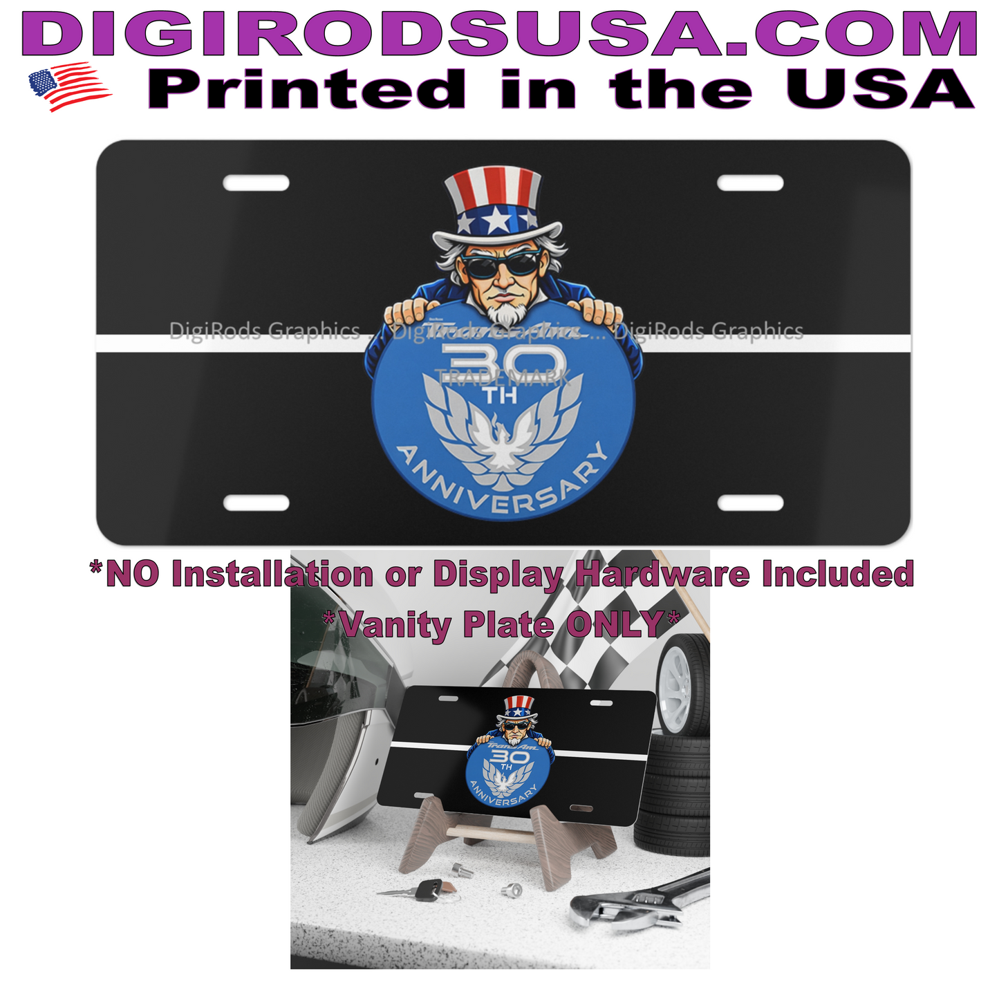(PON) Pontiac Trans Am 1999 30th Anniversary Uncle Sam DigiRods Cartoon Car Logo Black Vanity License Plate