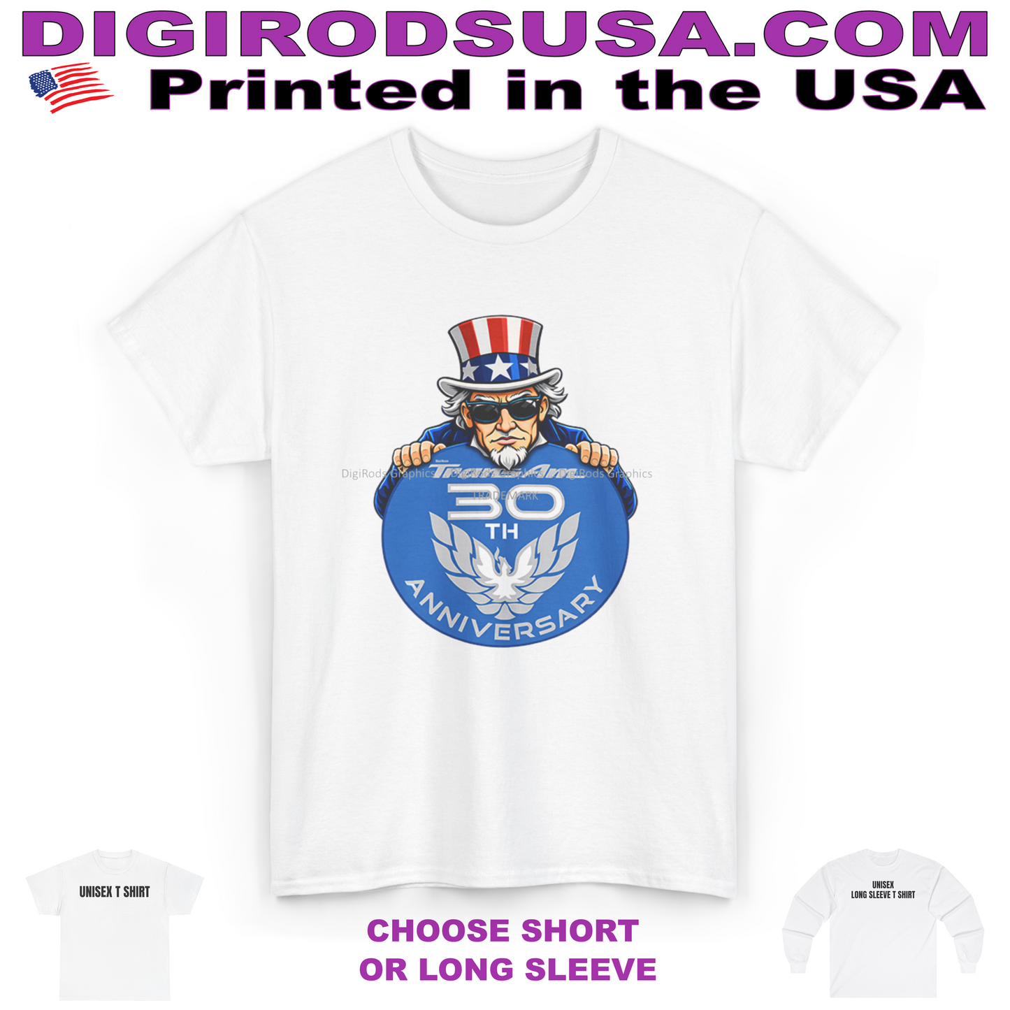 (PON) Pontiac Trans Am 1999 30th Anniversary Uncle Sam DigiRods Cartoon Car Logo T Shirt