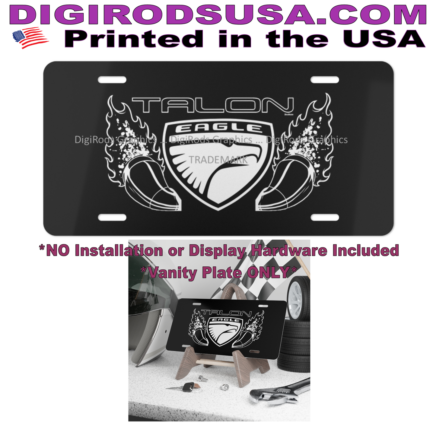 (EAG) Eagle Talon 1990s Racing Pipes DigiRods Cartoon Car Logo Black Vanity License Plate