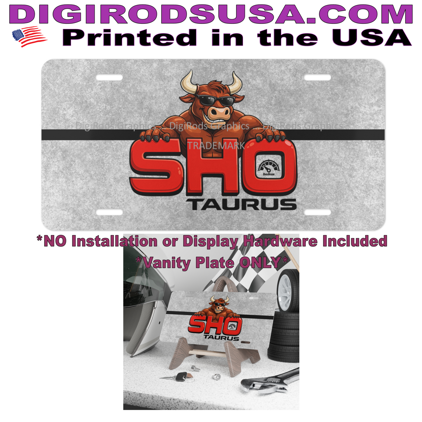 (FOR) Ford Taurus SHO Model American Bull DigiRods Cartoon Car Logo Vanity License Plate