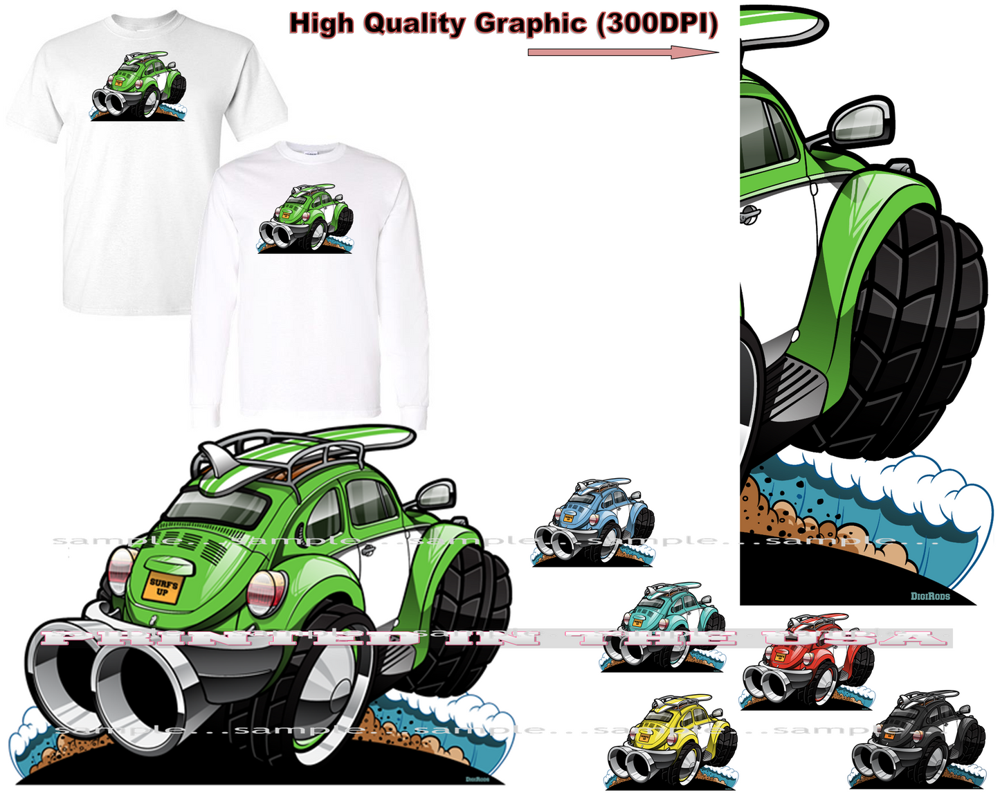 (VOL) Beetle Bug Vintage Baja Surf Model DigiRods Cartoon Car Series Short/Long Sleeve T Shirt