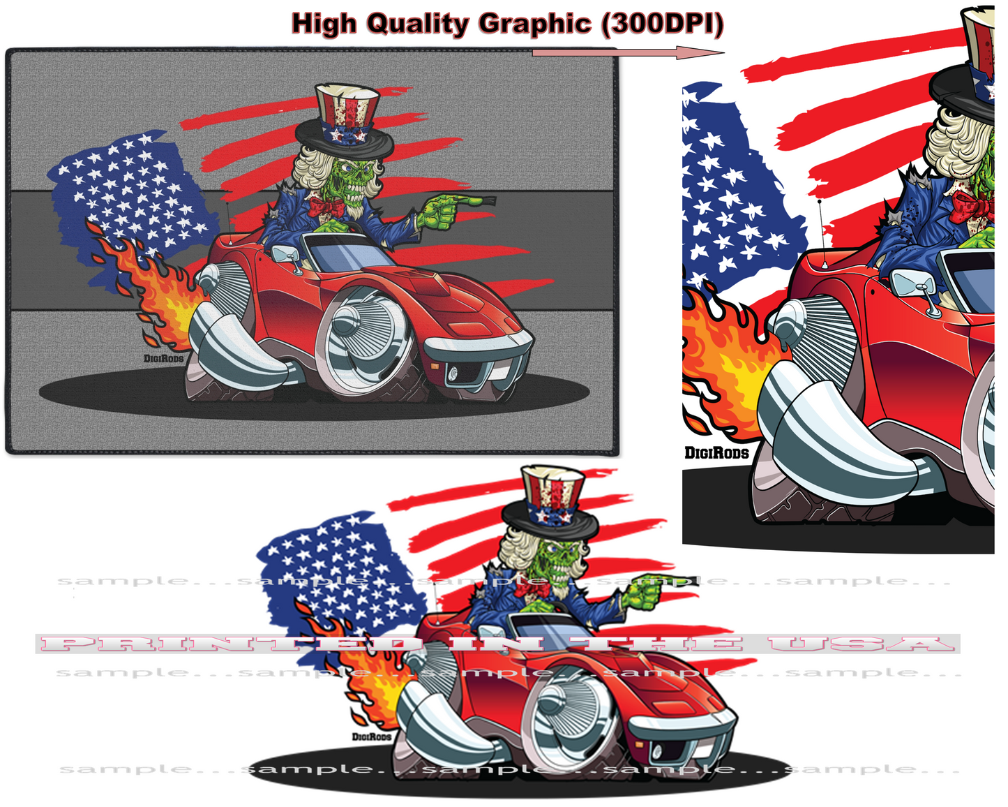 (CHE-D*) Uncle Sam Patriotic Zombie Corvette C3 Hot Rod DigiRods Cartoon Car Series Doormat Door Mat Rug