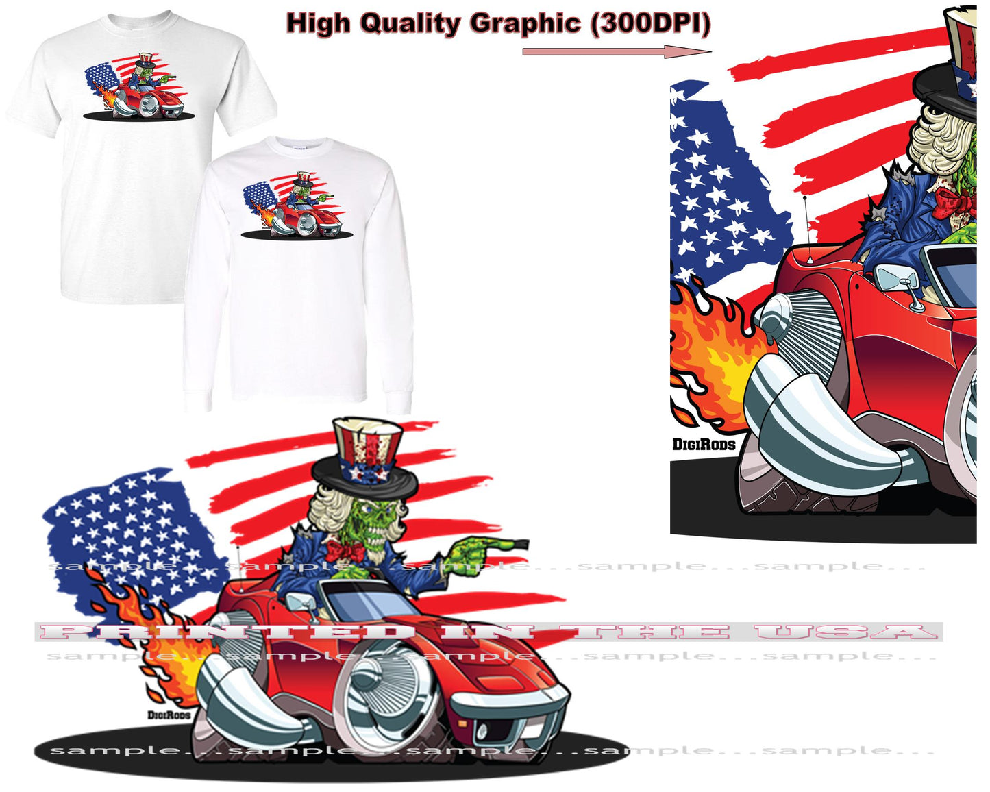 (*DigiToon) Uncle Sam Patriotic Zombie Corvette C3 Hot Rod DigiRods Cartoon Car Series Short/Long Sleeve T Shirt