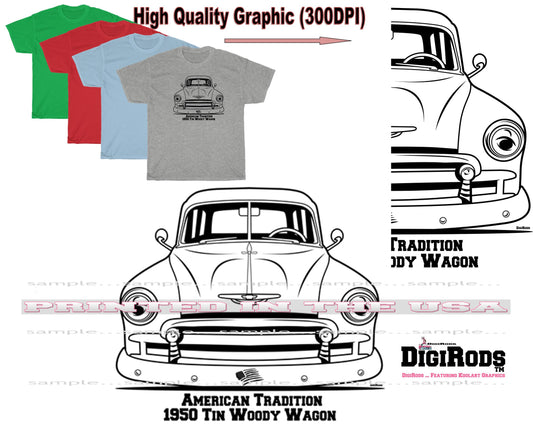 (CHE) Tin Woody 1950 Wagon American Tradition DigiRods Cartoon Car Black Outline T Shirt - 4 Colors