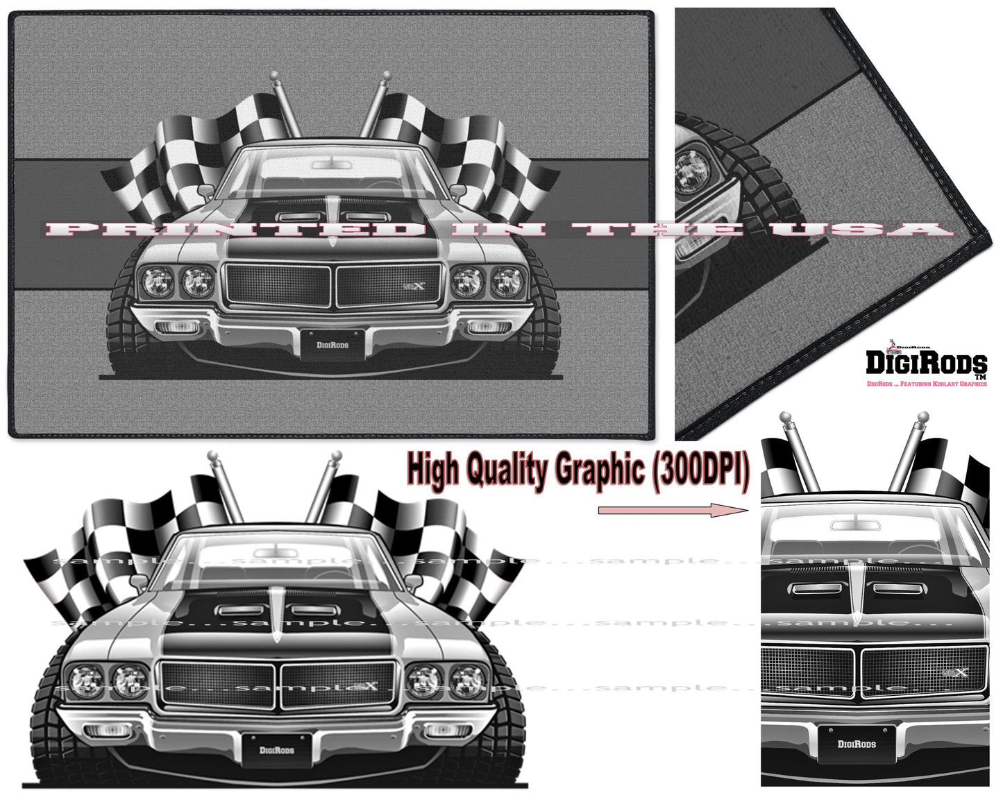 (BUI) Buick GSX Classic Muscle Car Racing Flags DigiRods Cartoon Car Doormat Door Mat Rug