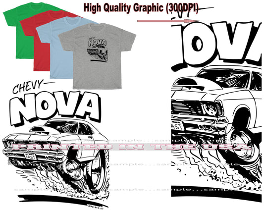 (CHE) Chevy Nova Vintage Muscle Car Model Rough Sketch Cartoon Car T Shirt - 4 Colors
