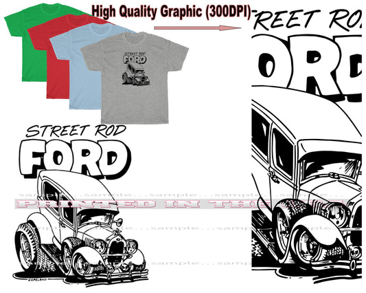 (FOR) Ford Street Rod Hot Rod Vintage Collectible Car Model Rough Sketch Cartoon Car T Shirt - 4 Colors