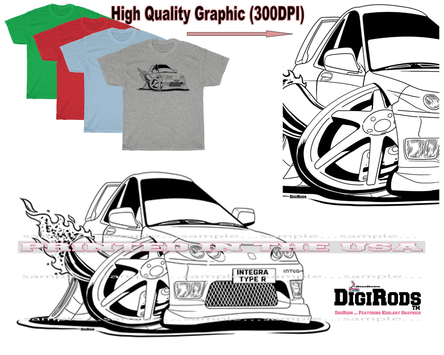 (ACU) Acura Integra Classic Coupe Race Model Racing Pipe Series Digirods Cartoon Car T Shirt - 4 Colors