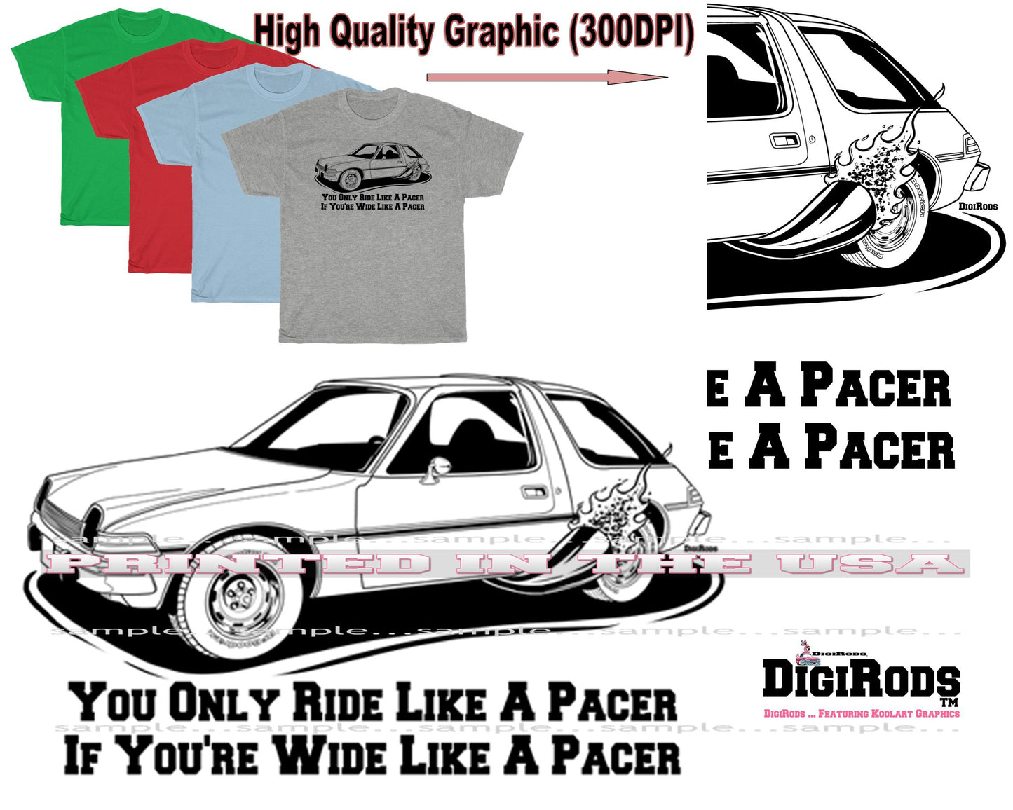 (AMC) AMC American Motors Pacer Wide Body Ride Like A Pacer Racing Pipe Series Digirods Cartoon Car T Shirt - 4 Colors