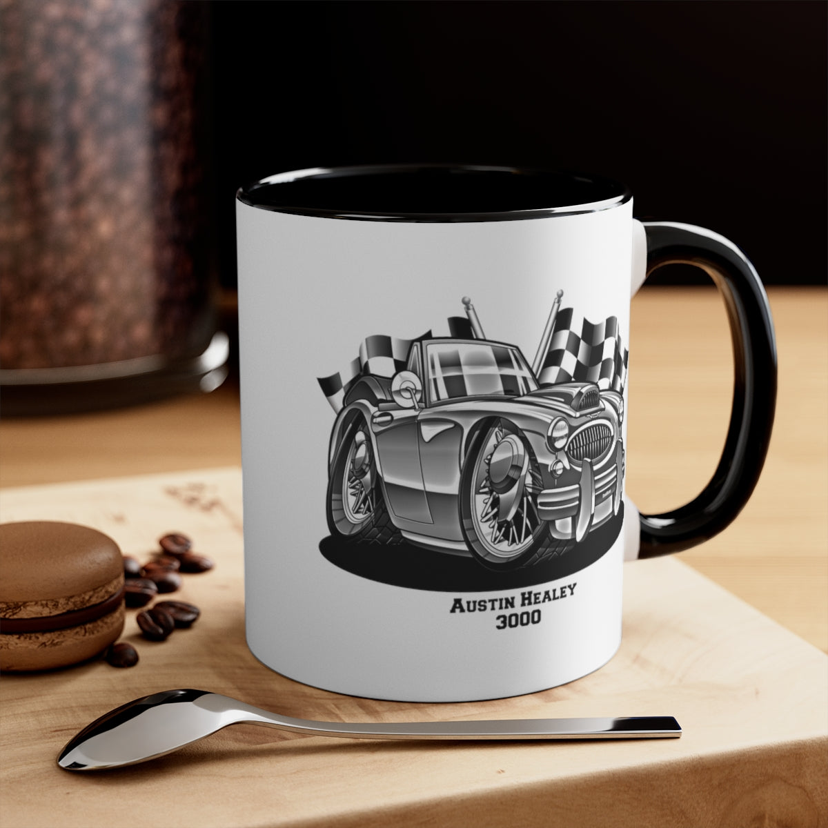 (AUS) Austin Healey 3000 Vintage British Convertible Monochrome Racing Flags DigiRods Cartoon Car Coffee Cup Mug