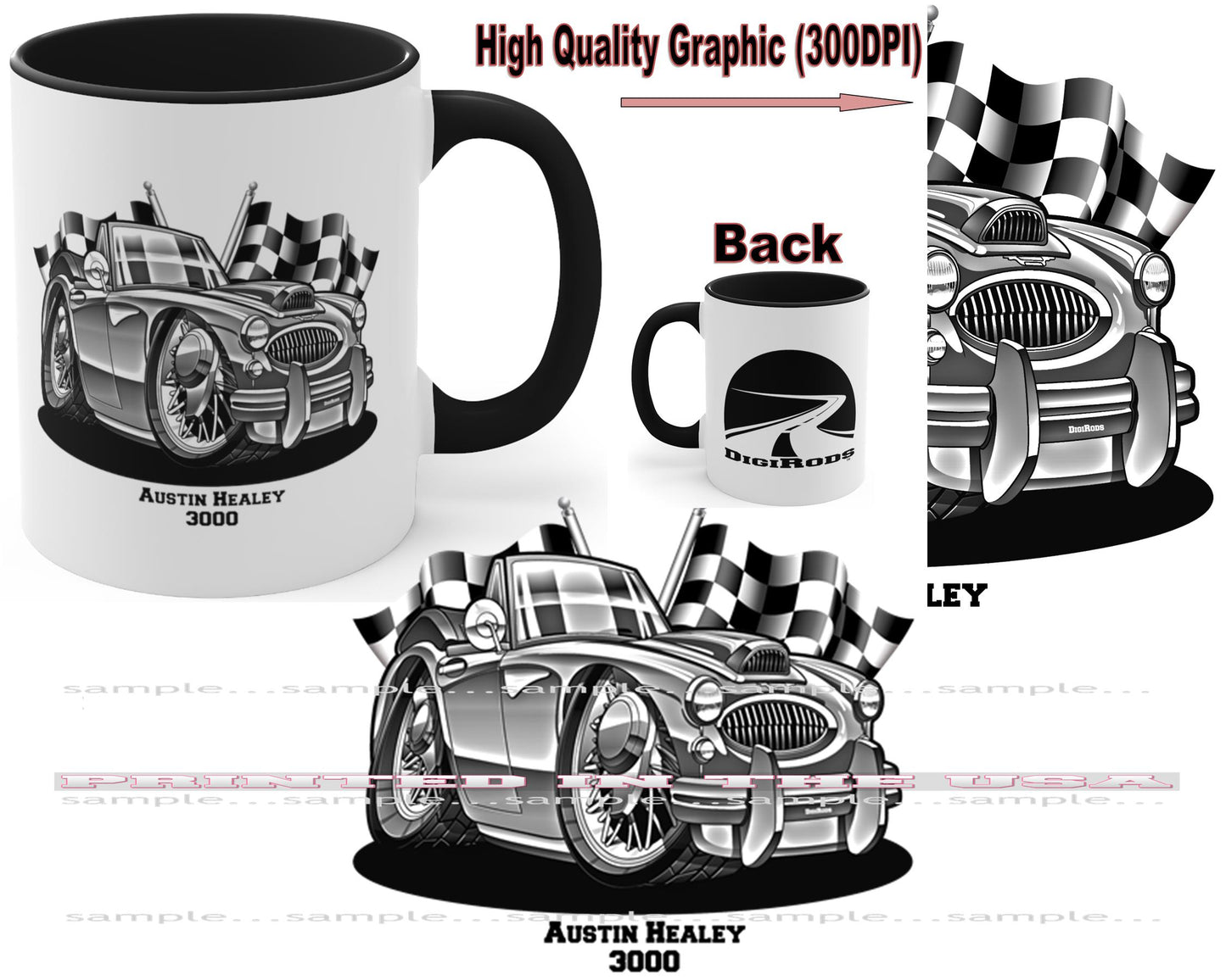 (AUS) Austin Healey 3000 Vintage British Convertible Monochrome Racing Flags DigiRods Cartoon Car Coffee Cup Mug