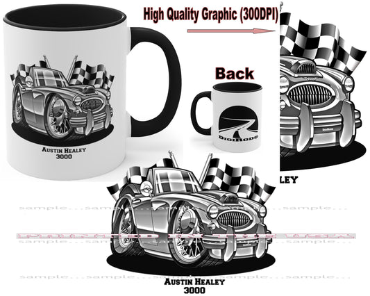 (AUS) Austin Healey 3000 Vintage British Convertible Monochrome Racing Flags DigiRods Cartoon Car Coffee Cup Mug