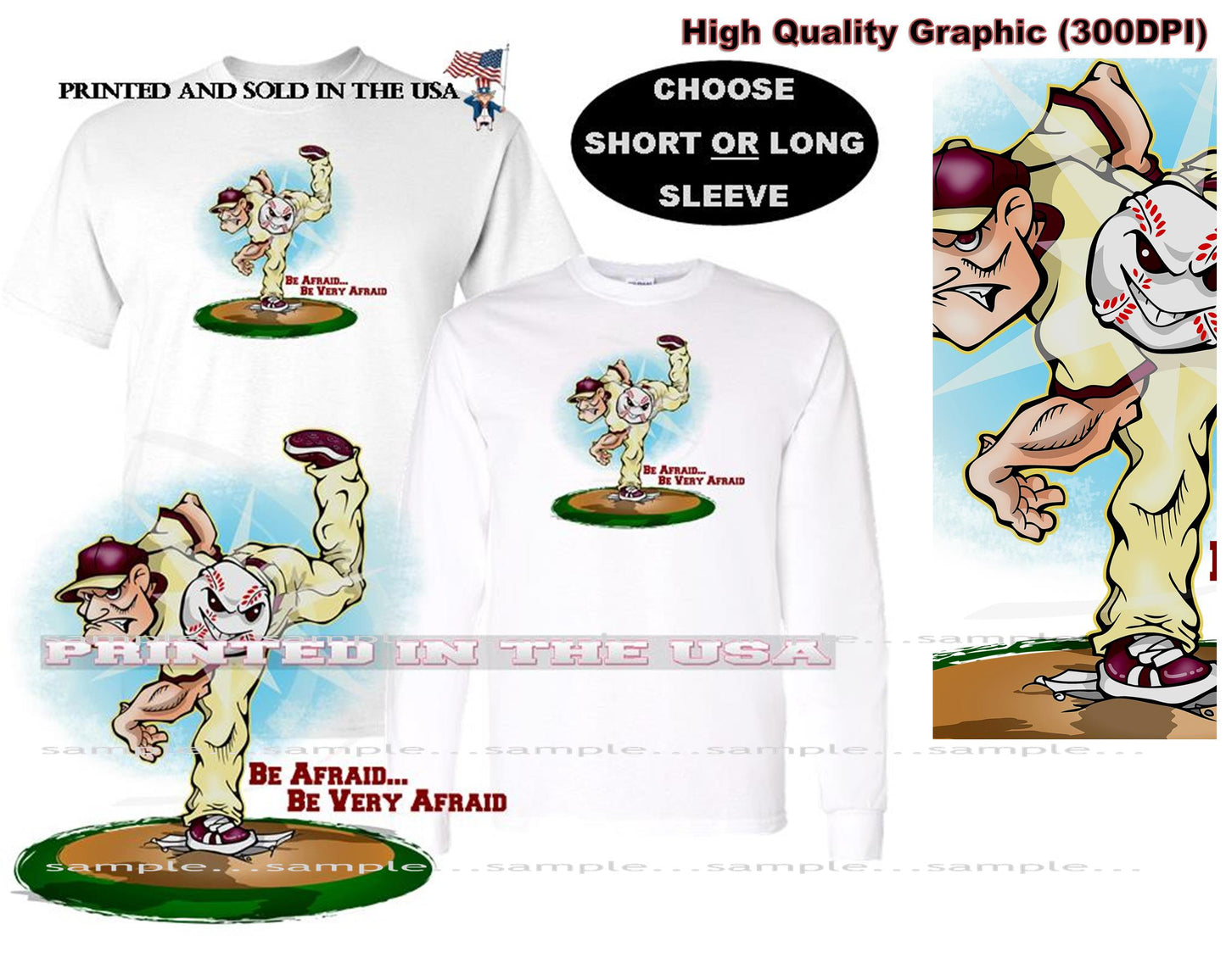 Baseball Player Pitcher Be Very Afraid Sports Caricature Cartoon Short/Long Sleeve T Shirt