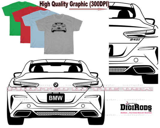 (BMW) 840 840i 8 Series Model Black Outline DigiRods Cartoon Car T Shirt - 4 Colors